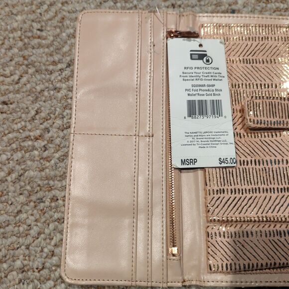 Nanette Lepore PVC Fold Phone Lip Stick Wallet Clutch Rose Gold RFID Lined - Picture 9 of 10